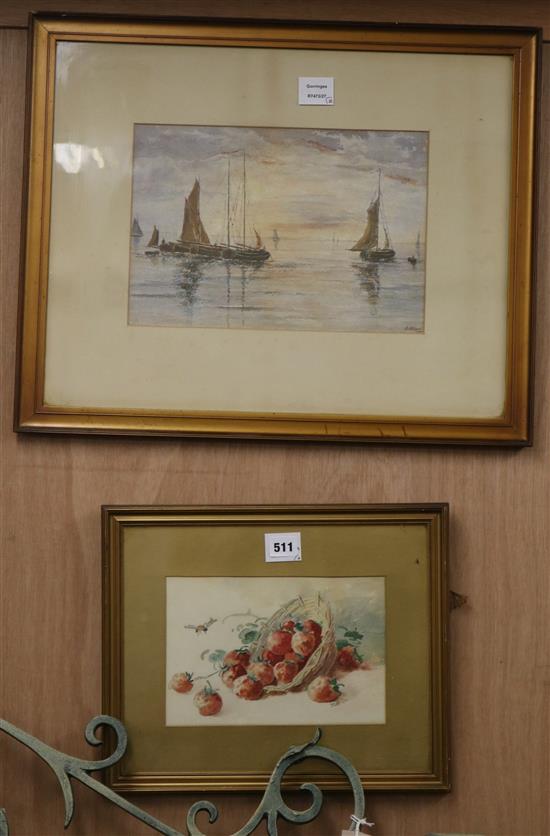 English School, watercolour, fishing boats at sea, indistinctly signed and dated 1890, 24 x 34cm and a watercolour